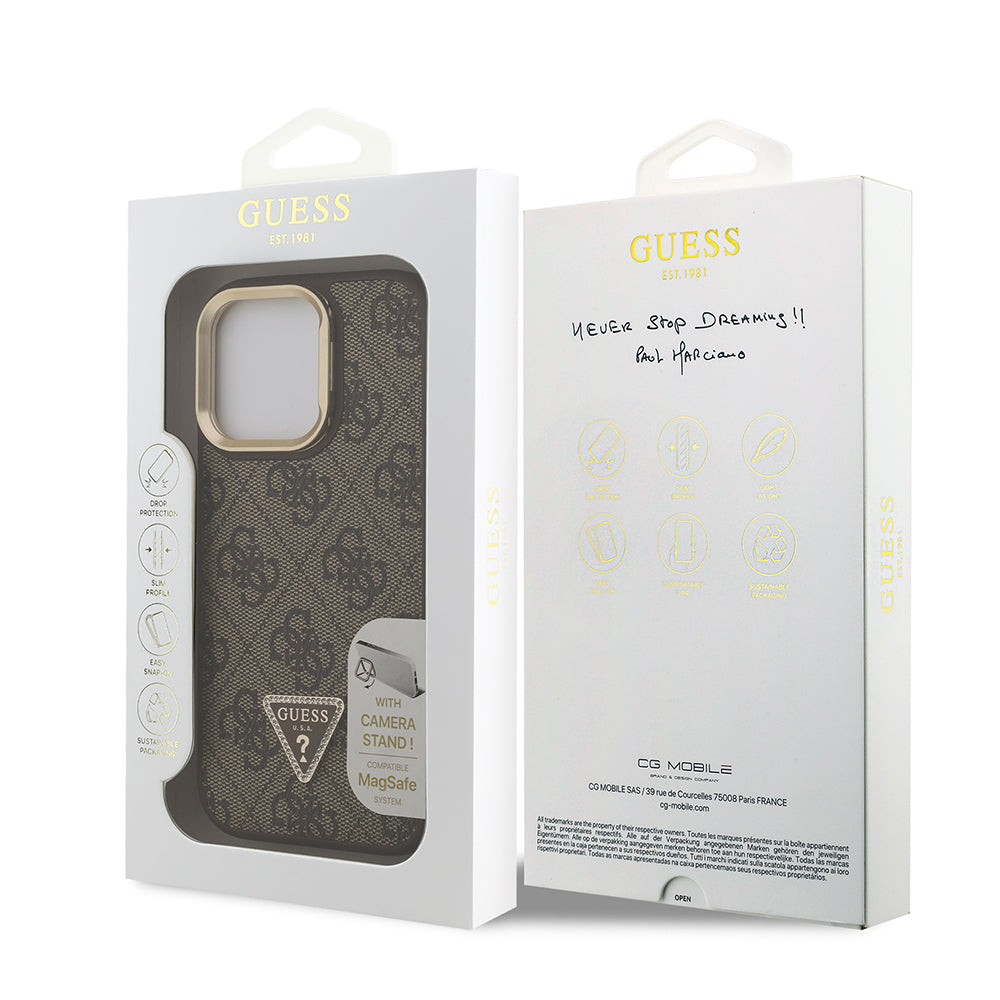 Guess iPhone 16 Pro Max Orjinal Lisanslı PU Deri Taşlı Üçgen Logo 4G Desenli Kamera Standlı Kılıf