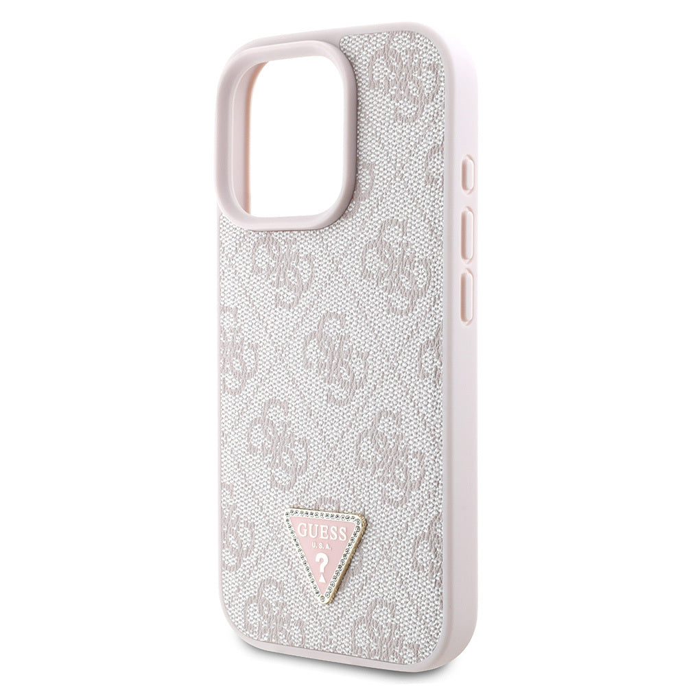 Guess iPhone 16 Pro Max Orjinal Lisanslı PU Deri Taşlı Üçgen Logo 4G Desenli Strass Kılıf
