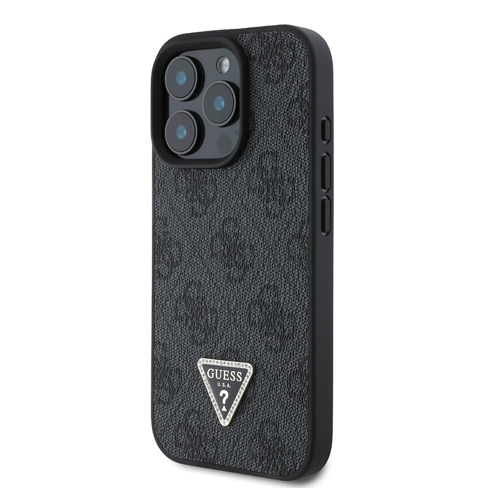 Guess iPhone 16 Pro Max Orjinal Lisanslı PU Deri Taşlı Üçgen Logo 4G Desenli Strass Kılıf