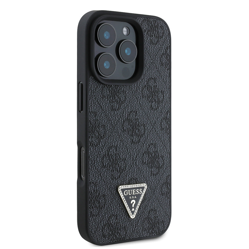 Guess iPhone 16 Pro Max Orjinal Lisanslı PU Deri Taşlı Üçgen Logo 4G Desenli Strass Kılıf