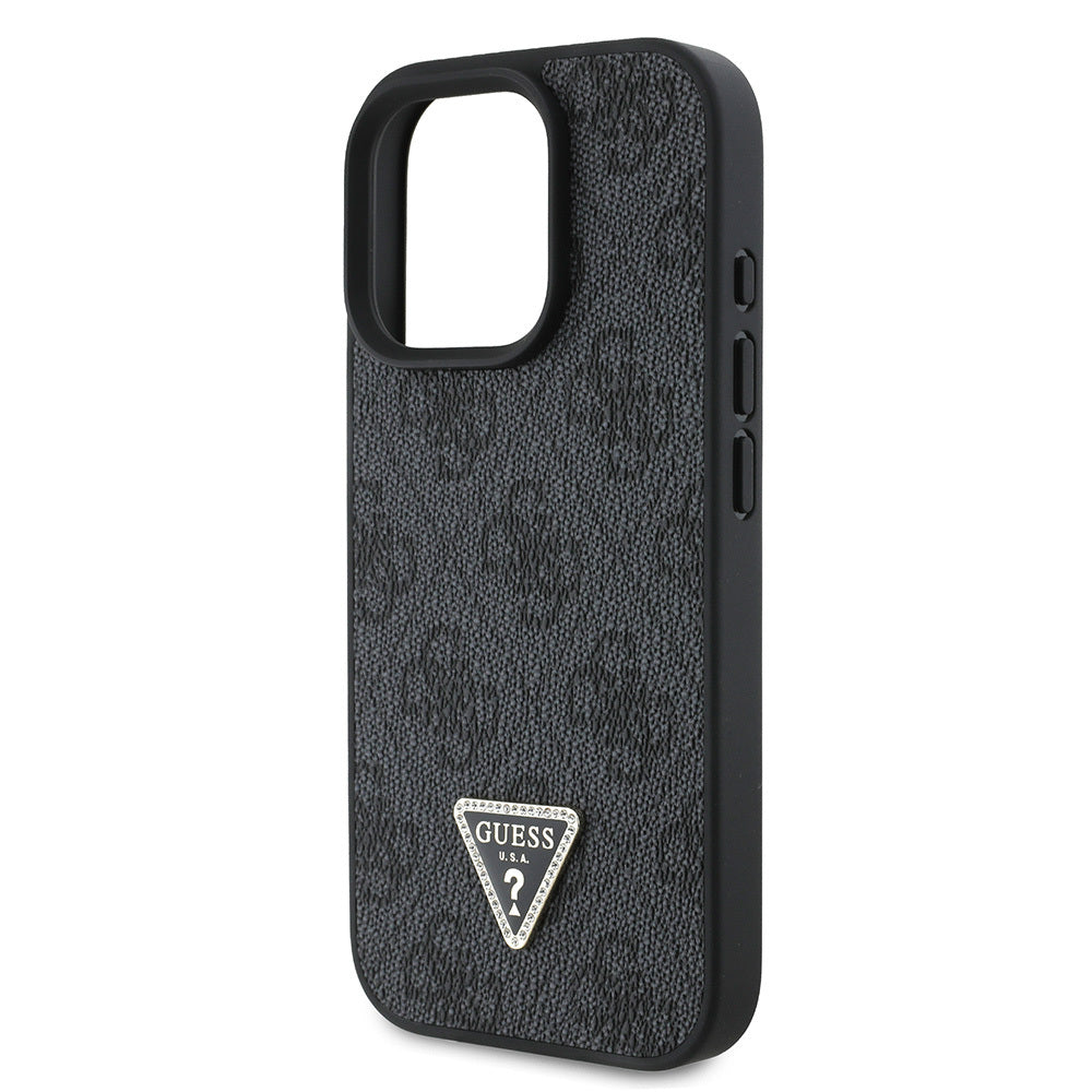 Guess iPhone 16 Pro Max Orjinal Lisanslı PU Deri Taşlı Üçgen Logo 4G Desenli Strass Kılıf