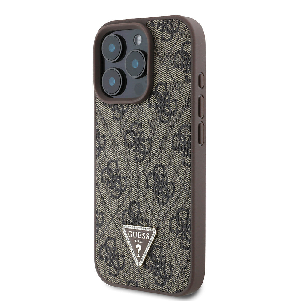 Guess iPhone 16 Pro Max Orjinal Lisanslı PU Deri Taşlı Üçgen Logo 4G Desenli Strass Kılıf