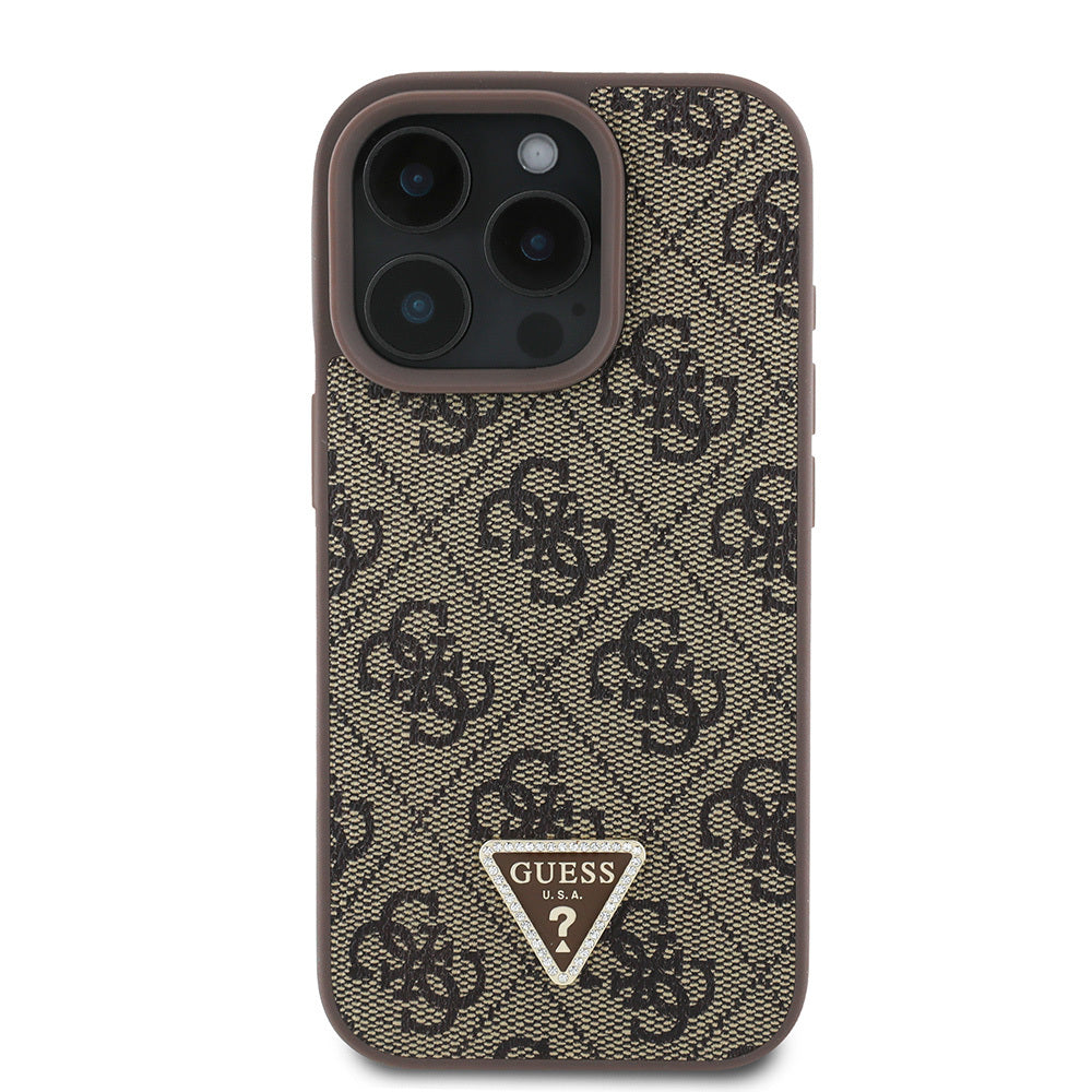 Guess iPhone 16 Pro Max Orjinal Lisanslı PU Deri Taşlı Üçgen Logo 4G Desenli Strass Kılıf