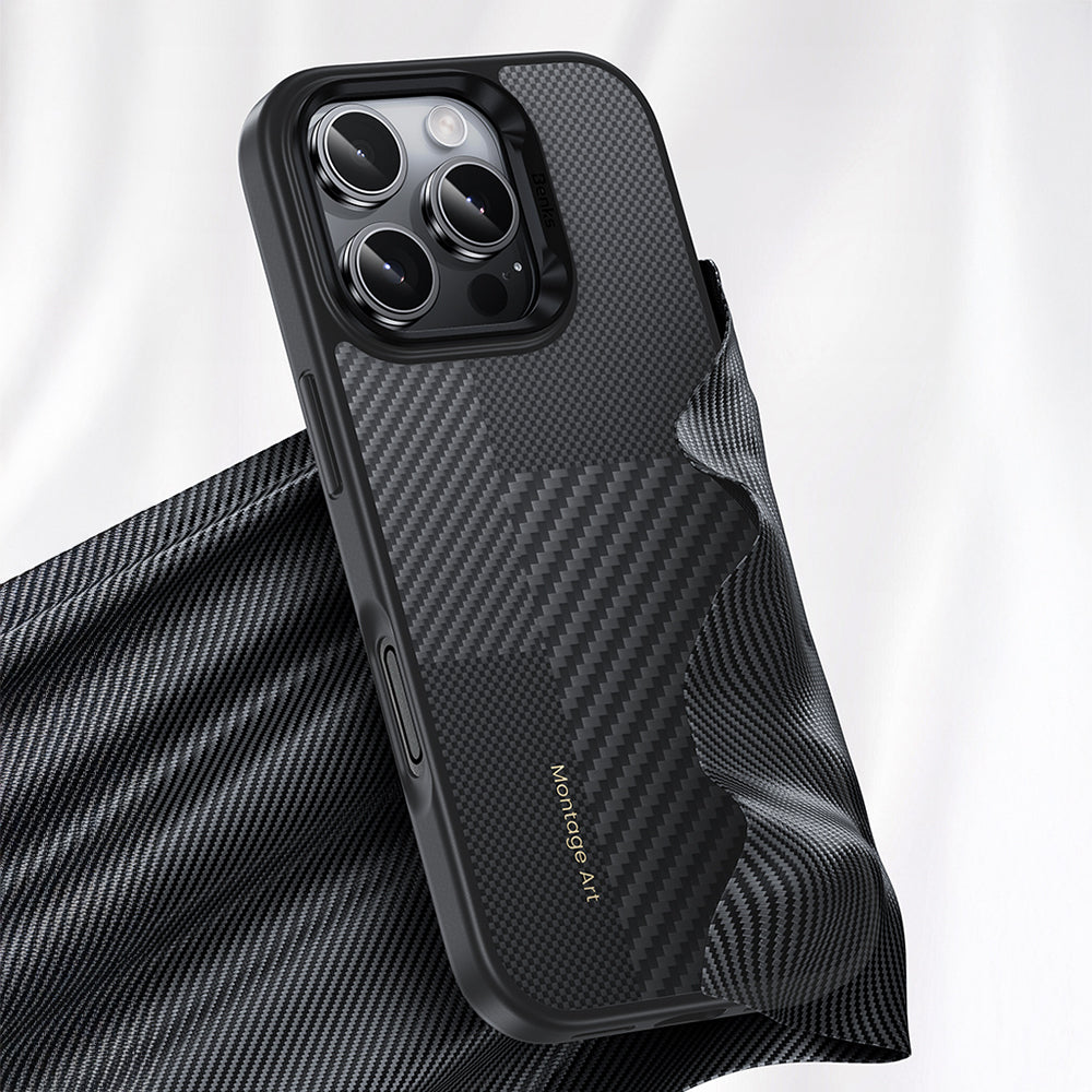 Benks Hybrid ArmorPro Montage iPhone 16 Pro Max Karbon Fiber M-safe Şarj Özellikli Kamera Kontrol Butonlu Kevlar Kılıf
