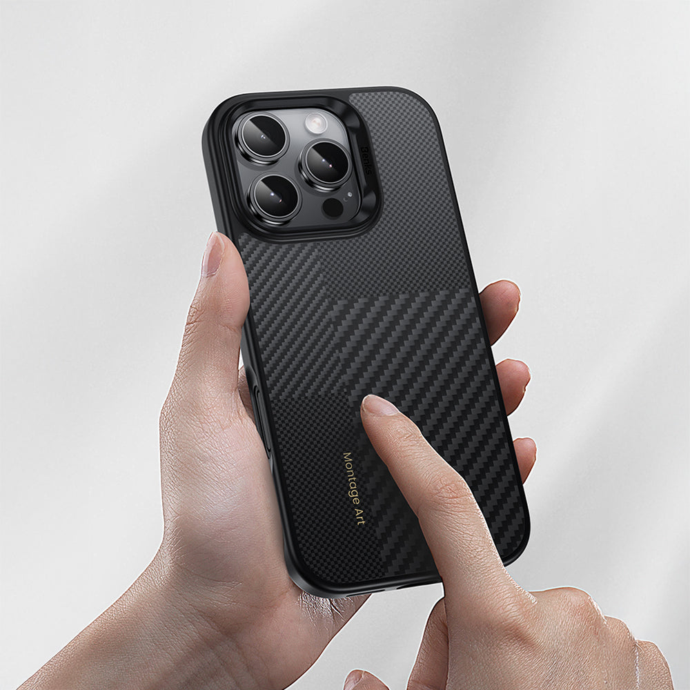 Benks Hybrid ArmorPro Montage iPhone 16 Pro Max Karbon Fiber M-safe Şarj Özellikli Kamera Kontrol Butonlu Kevlar Kılıf