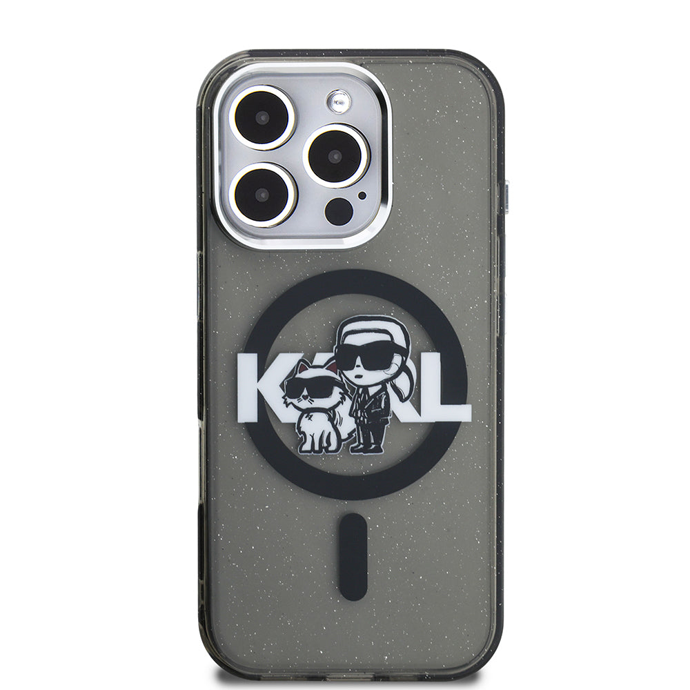 Karl Lagerfeld iPhone 16 Pro Max Orjinal Lisanslı Parlayan Simli Karl & Choupette Sketch Logo Kılıf