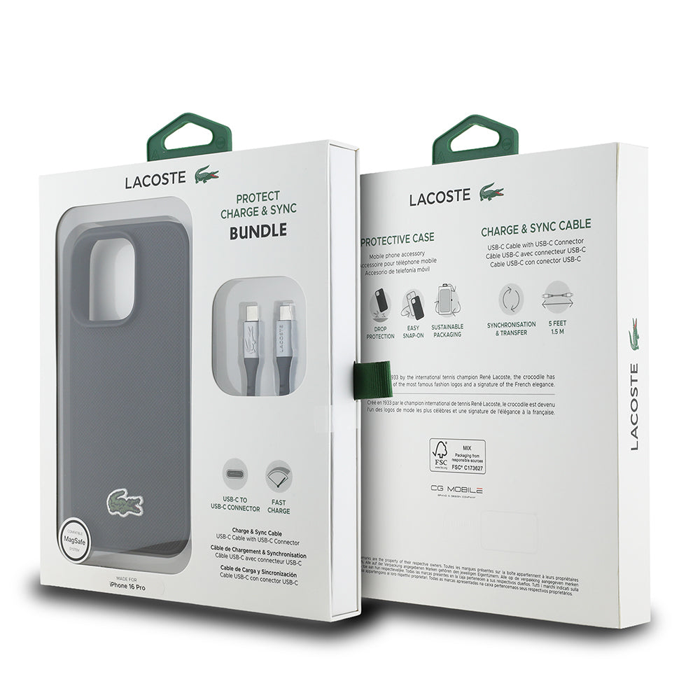 Lacoste iPhone 16 Pro Max Orjinal Lisanslı PU Pike Desenli Arka Yüzey İkonik Timsah Dokuma Logolu Kılıf + Type-C Kablo 1.5m