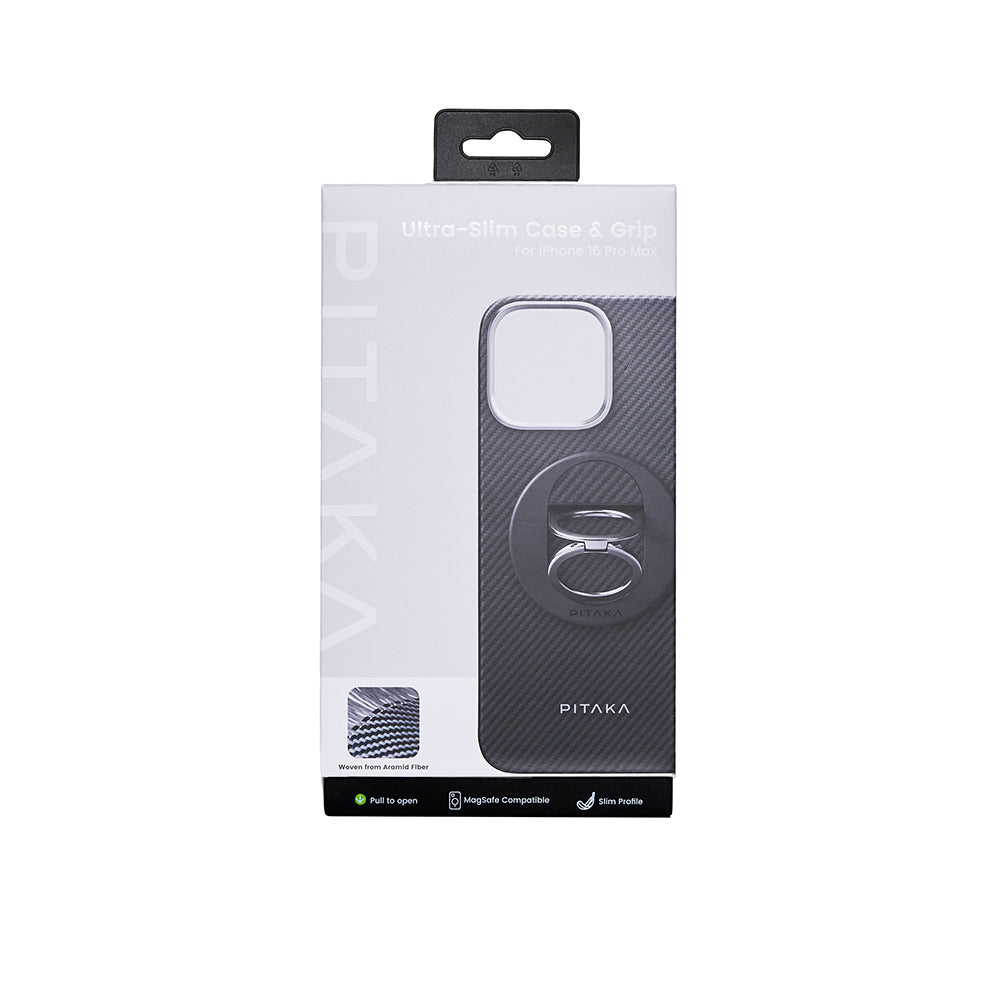 Pitaka Ultra-Slim Classic Serisi iPhone 16 Pro Max Magsafe Grip 3 Standlı 600D Aramid Fiber Black-Grey Twill Yanmaz Telefon Kılıfı