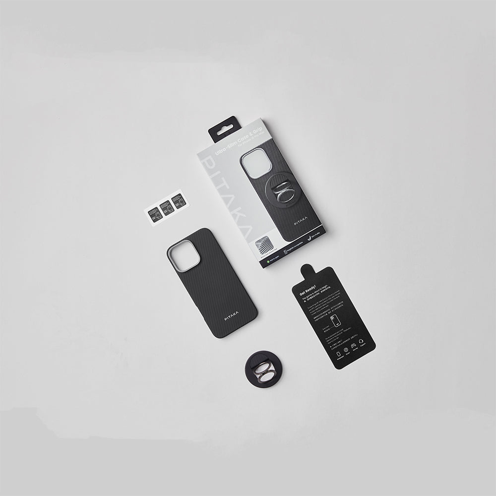 Pitaka Ultra-Slim Classic Serisi iPhone 16 Pro Max Magsafe Grip 3 Standlı 600D Aramid Fiber Black-Grey Twill Yanmaz Telefon Kılıfı