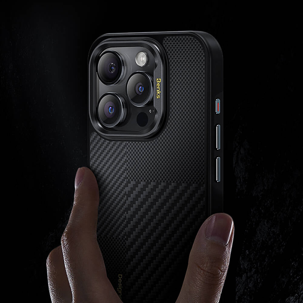 Benks Montage Hybrid ArmorPro iPhone 16 Pro Max M-safe Şarj Özellikli Karbon Fiber Kevlar Kılıf