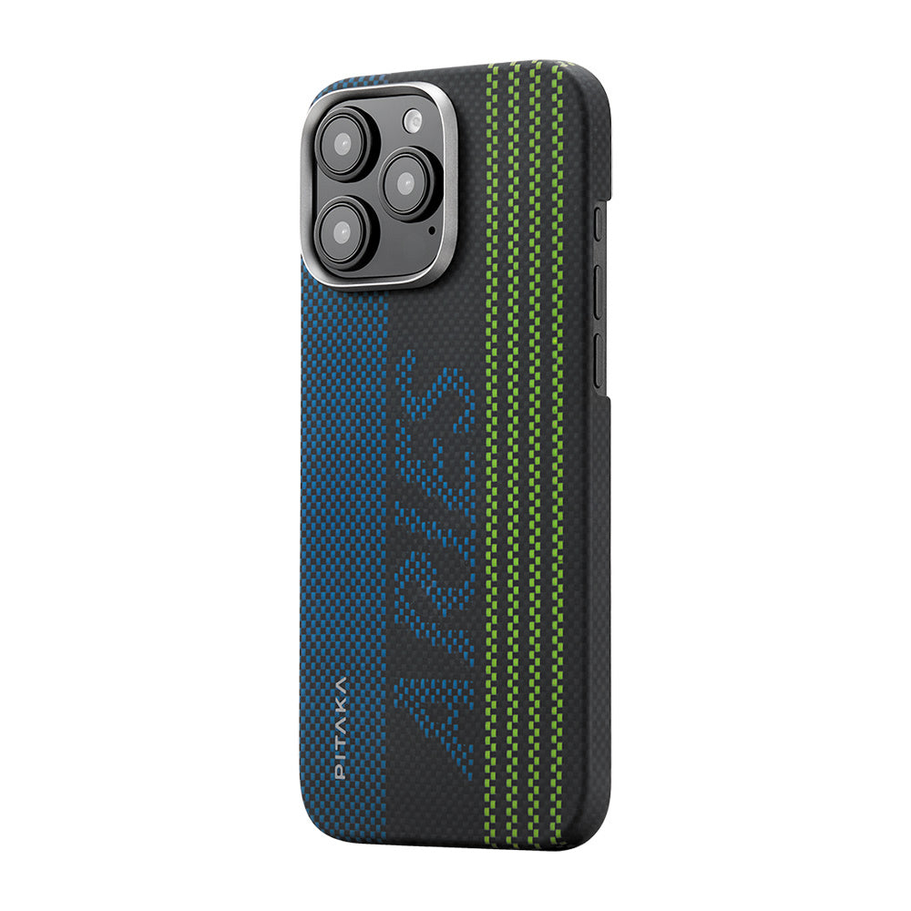 Pitaka Tactile Woven Aries Serisi iPhone 16 Pro Max M-safe Şarj Özellikli Lumintex Teknolojili Fosforlu Aramid Fiber Credit Card Kılıf