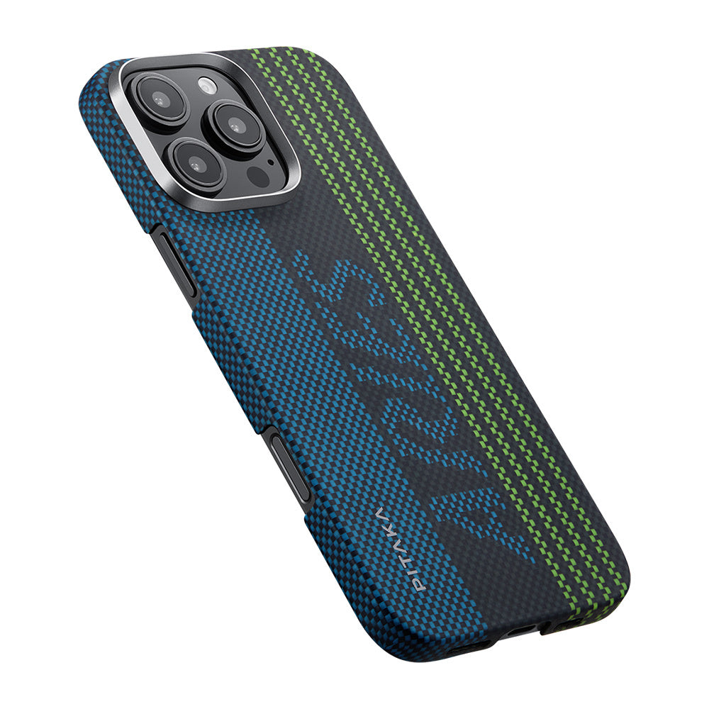 Pitaka Tactile Woven Aries Serisi iPhone 16 Pro Max M-safe Şarj Özellikli Lumintex Teknolojili Fosforlu Aramid Fiber Credit Card Kılıf