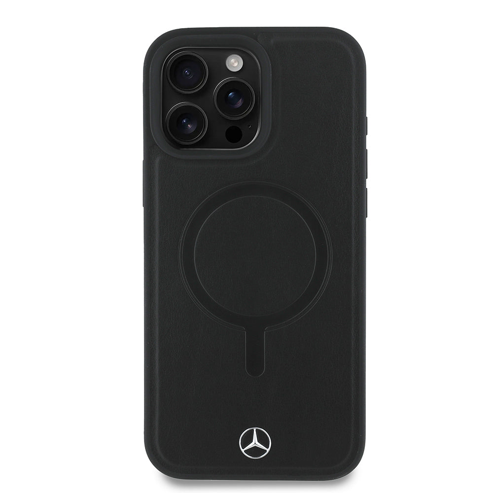 Mercedes Benz iPhone 16 Pro Max Orjinal Lisanslı Magsafe Metal Yıldız Logolu Sade Pürüzsüz Deri Kılıf