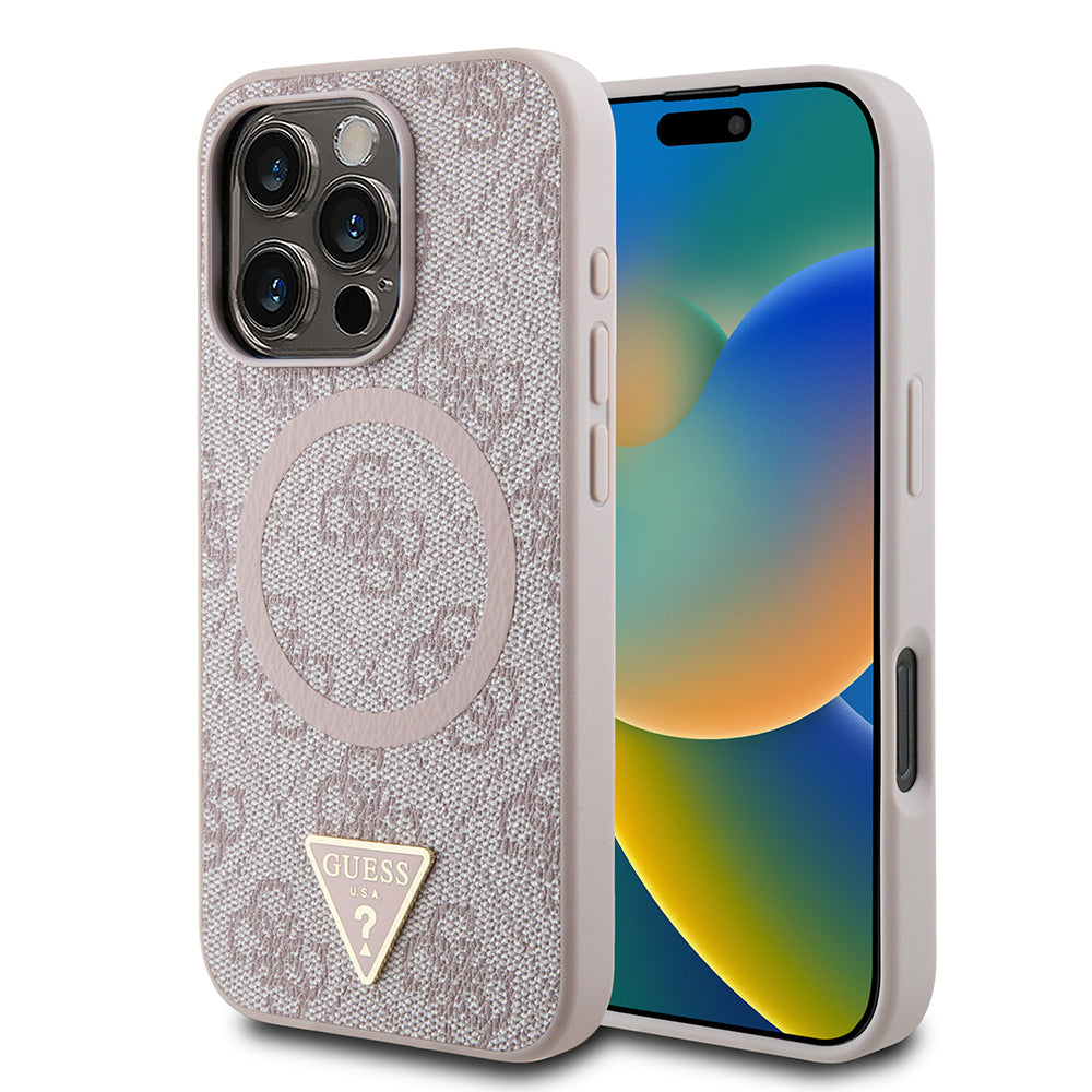 Guess iPhone 16 Pro Max Orjinal Lisanslı Magsafe Şarj Özellikli PU Üçgen Logo 4G Desenli Telefon Kılıfı-3