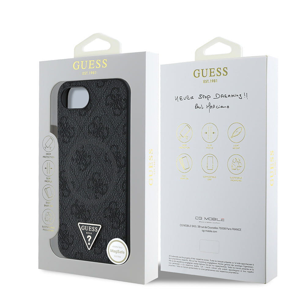 Guess iPhone 16E Orjinal Lisanslı Magsafe PU Üçgen Logo 4G Desenli Telefon Kılıfı