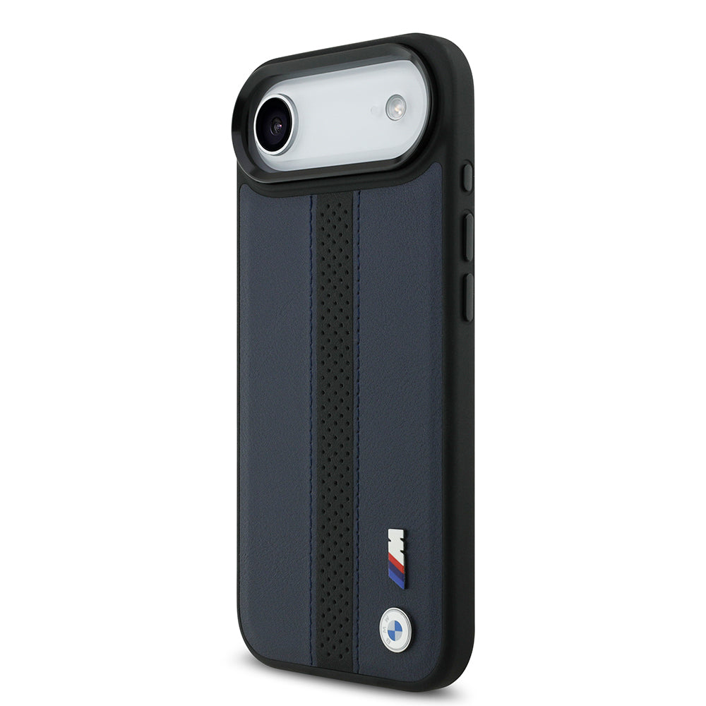 BMW iPhone 17 Air Orjinal Lisanslı M-safe Şarj Özellikli Deri Arka Yüzey Metal Logolu Delikli Şerit Tasarımlı Kılıf