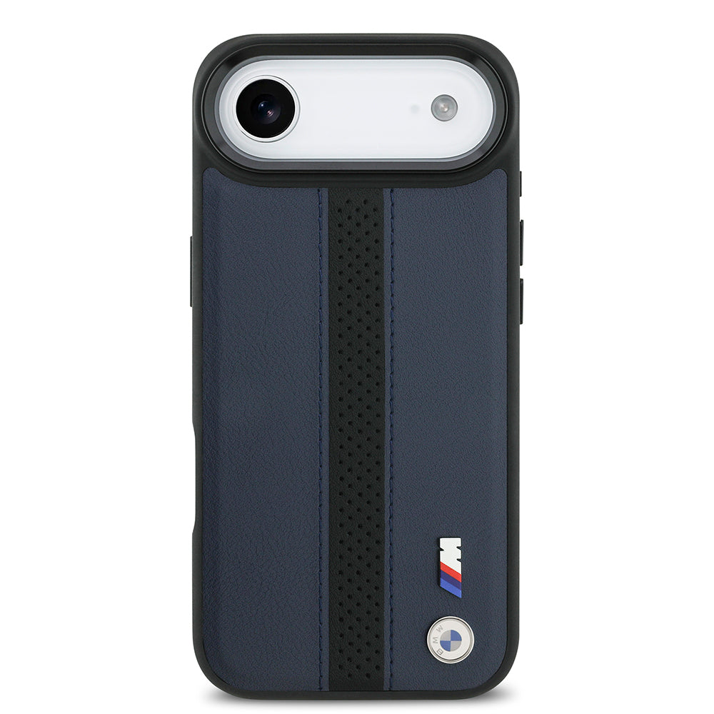 BMW iPhone 17 Air Orjinal Lisanslı M-safe Şarj Özellikli Deri Arka Yüzey Metal Logolu Delikli Şerit Tasarımlı Kılıf