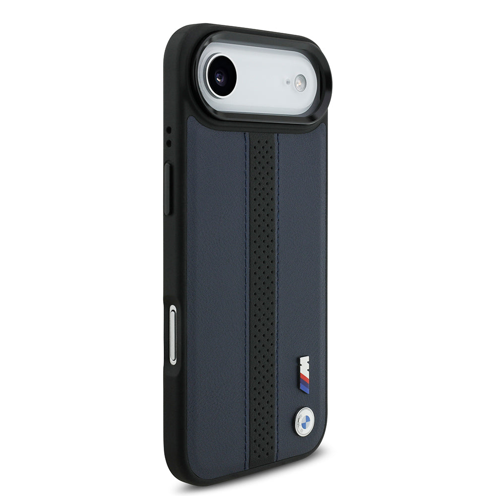 BMW iPhone 17 Air Orjinal Lisanslı M-safe Şarj Özellikli Deri Arka Yüzey Metal Logolu Delikli Şerit Tasarımlı Kılıf