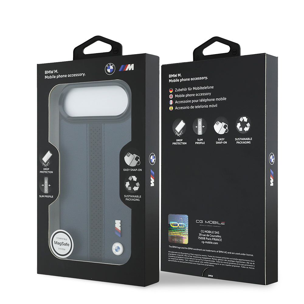 BMW iPhone 17 Air Orjinal Lisanslı M-safe Şarj Özellikli Deri Arka Yüzey Metal Logolu Delikli Şerit Tasarımlı Kılıf