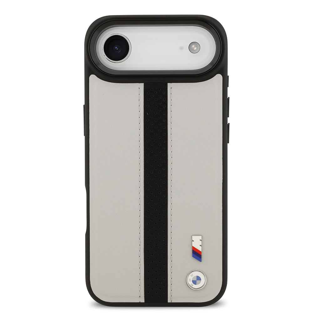 BMW iPhone 17 Air Orjinal Lisanslı M-safe Şarj Özellikli Deri Arka Yüzey Metal Logolu Delikli Şerit Tasarımlı Kılıf