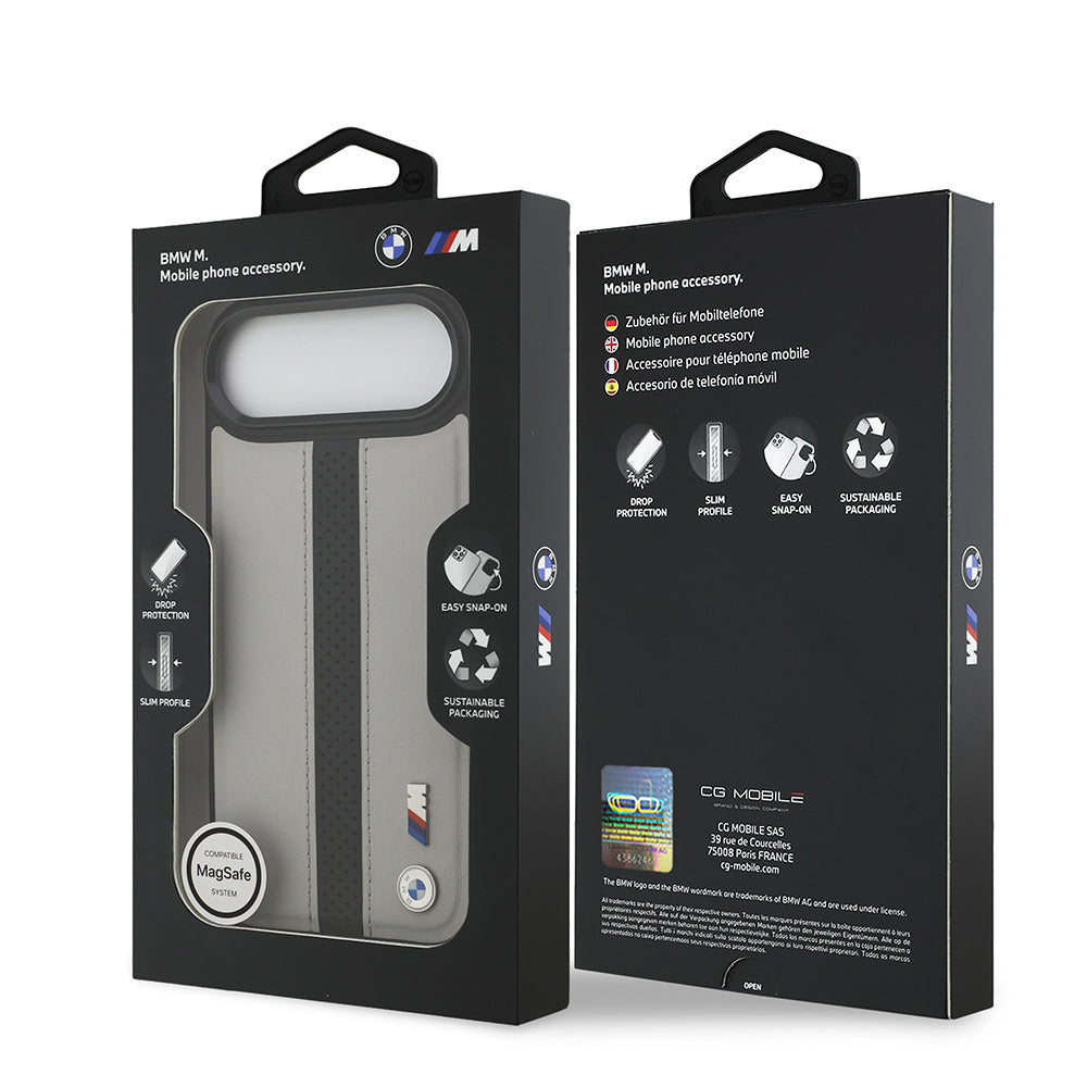 BMW iPhone 17 Air Orjinal Lisanslı M-safe Şarj Özellikli Deri Arka Yüzey Metal Logolu Delikli Şerit Tasarımlı Kılıf