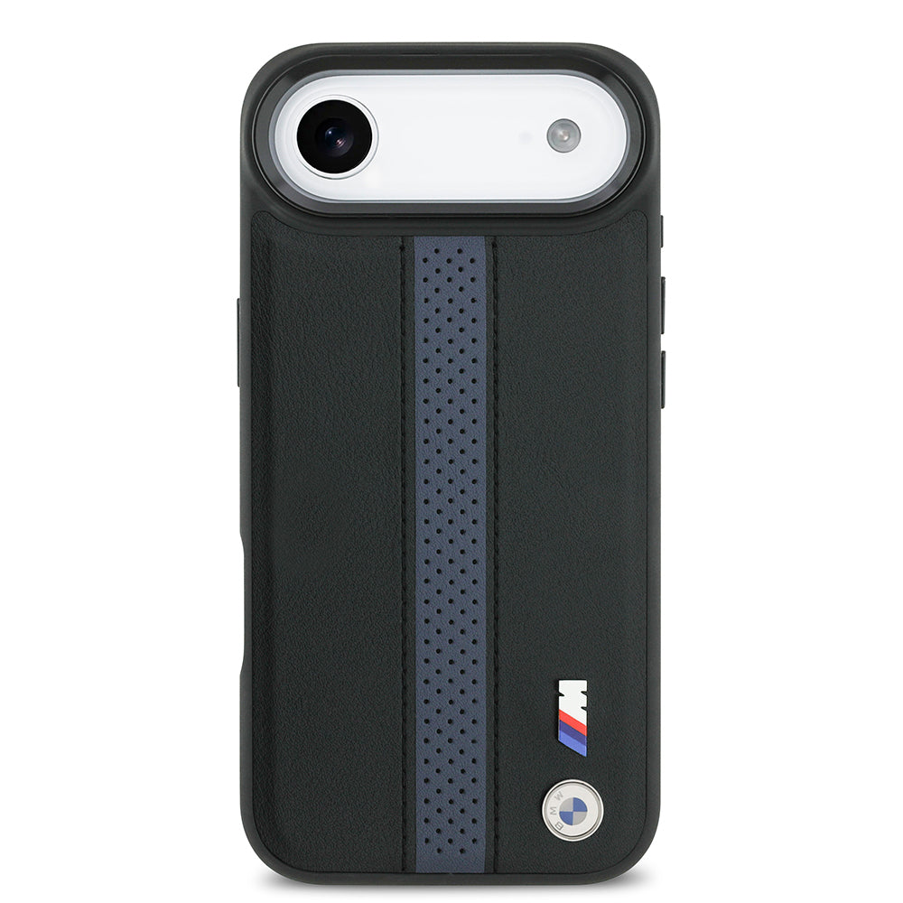 BMW iPhone 17 Air Orjinal Lisanslı M-safe Şarj Özellikli Deri Arka Yüzey Metal Logolu Delikli Şerit Tasarımlı Kılıf