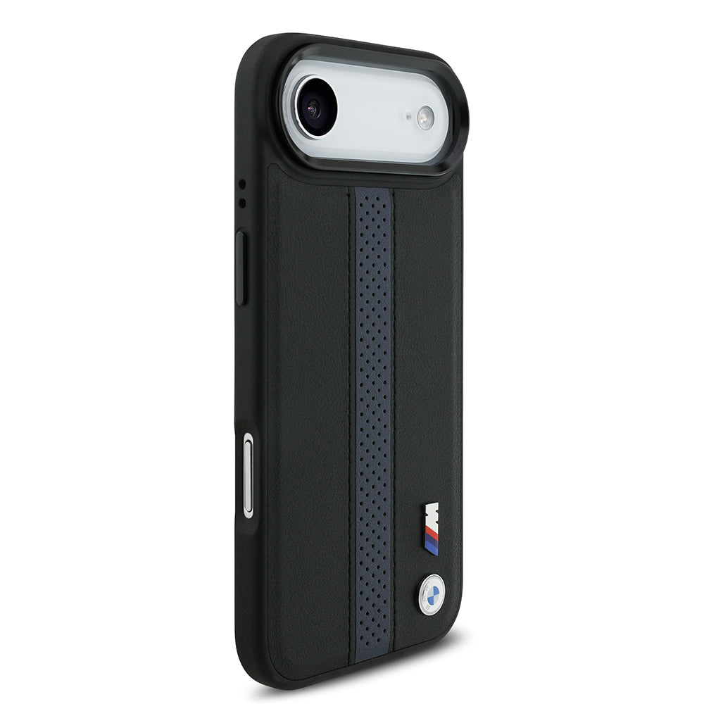 BMW iPhone 17 Air Orjinal Lisanslı M-safe Şarj Özellikli Deri Arka Yüzey Metal Logolu Delikli Şerit Tasarımlı Kılıf