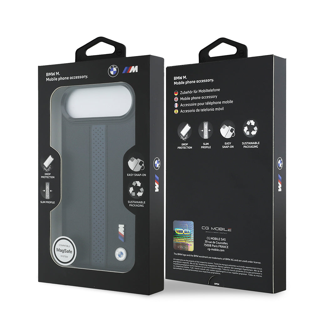 BMW iPhone 17 Air Orjinal Lisanslı M-safe Şarj Özellikli Deri Arka Yüzey Metal Logolu Delikli Şerit Tasarımlı Kılıf