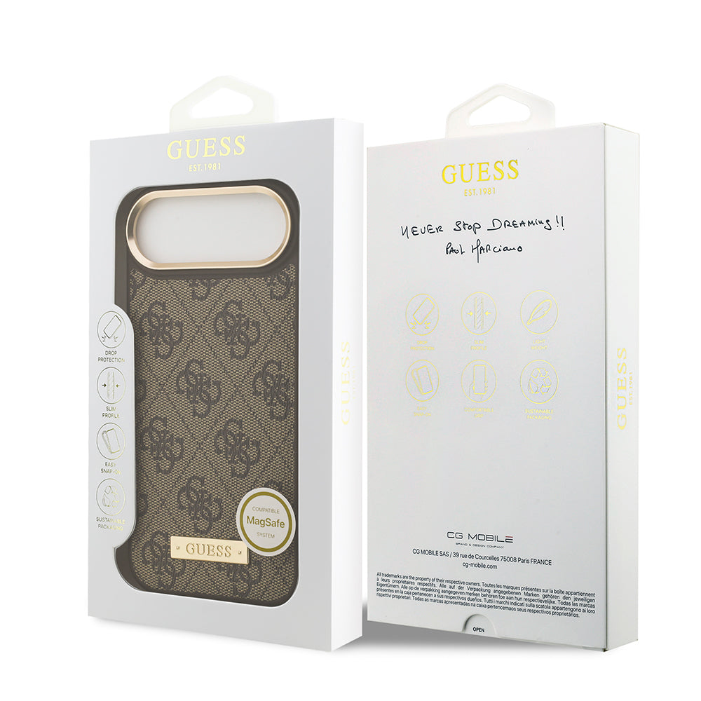 Guess iPhone 17 Air Orjinal Lisanslı M-safe Şarj Özellikli 4G Desenli PU Metal Plaka Klasik Logolu Kılıf