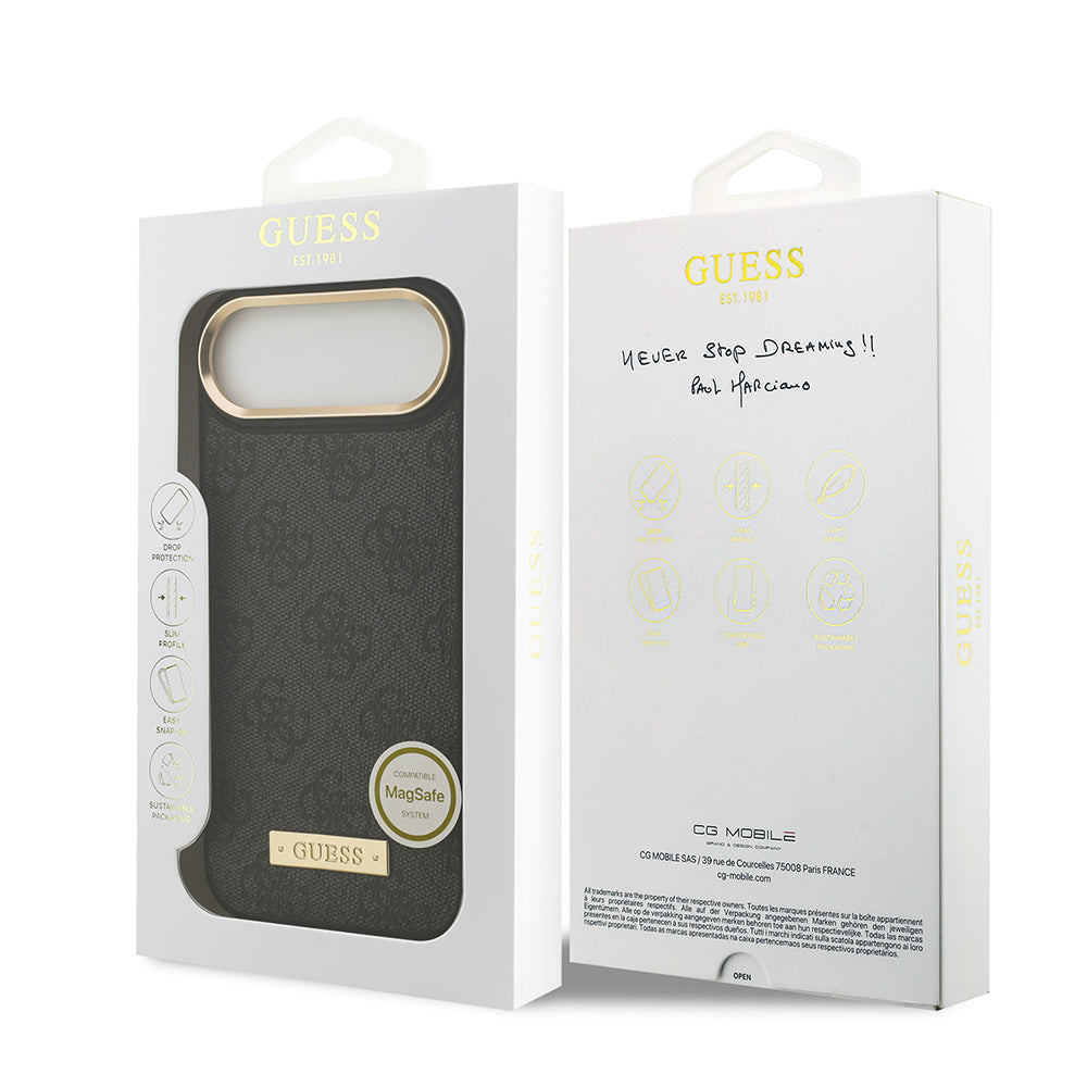 Guess iPhone 17 Air Orjinal Lisanslı M-safe Şarj Özellikli 4G Desenli PU Metal Plaka Klasik Logolu Kılıf