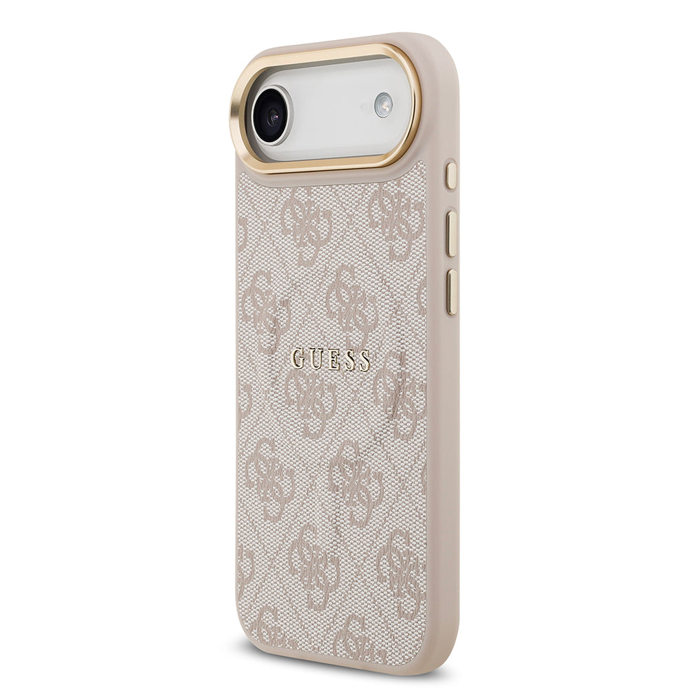 Guess iPhone 17 Air Orjinal Lisanslı M-safe Şarj Özellikli Gold Metal Kamera Çerçeveli PU Deri 4G Desenli Yazı Logolu Kılıf