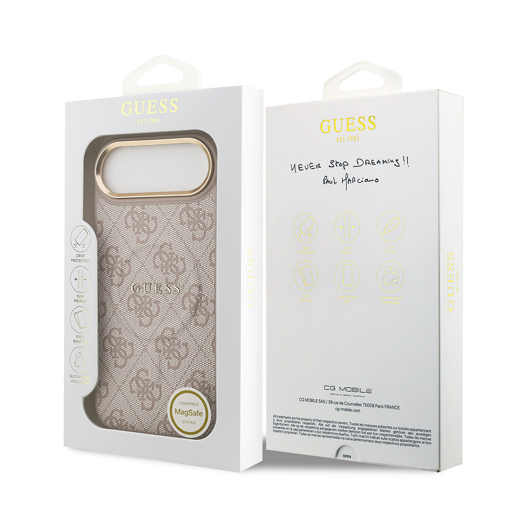Guess iPhone 17 Air Orjinal Lisanslı M-safe Şarj Özellikli Gold Metal Kamera Çerçeveli PU Deri 4G Desenli Yazı Logolu Kılıf