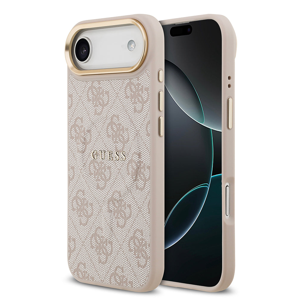Guess iPhone 17 Air Orjinal Lisanslı M-safe Şarj Özellikli Gold Metal Kamera Çerçeveli PU Deri 4G Desenli Yazı Logolu Kılıf