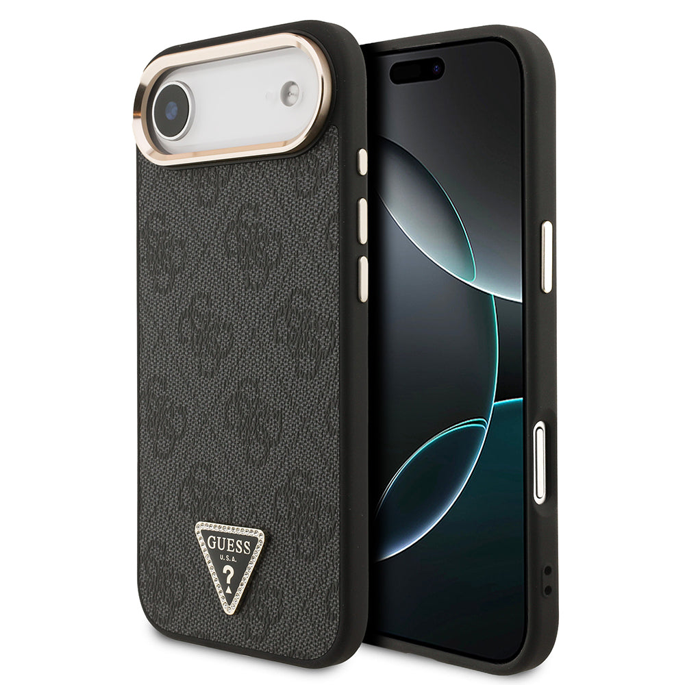 Guess iPhone 17 Air Orjinal Lisanslı M-safe Gold Metal Kamera Çerçeveli Taşlı Üçgen Logo 4G Desenli Kılıf