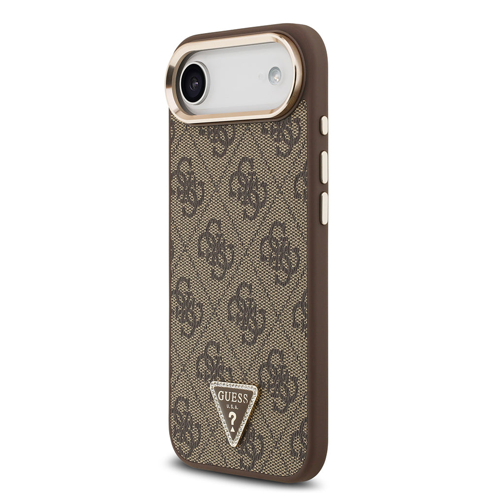 Guess iPhone 17 Air Orjinal Lisanslı M-safe Gold Metal Kamera Çerçeveli Taşlı Üçgen Logo 4G Desenli Kılıf