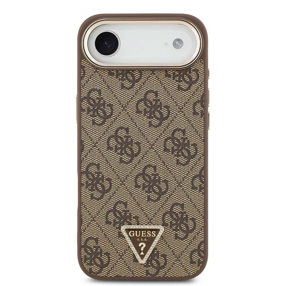 Guess iPhone 17 Air Orjinal Lisanslı M-safe Gold Metal Kamera Çerçeveli Taşlı Üçgen Logo 4G Desenli Kılıf