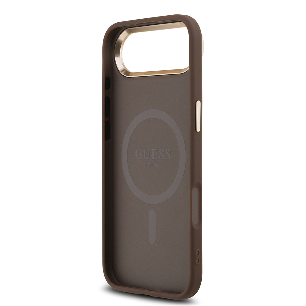 Guess iPhone 17 Air Orjinal Lisanslı M-safe Gold Metal Kamera Çerçeveli Taşlı Üçgen Logo 4G Desenli Kılıf