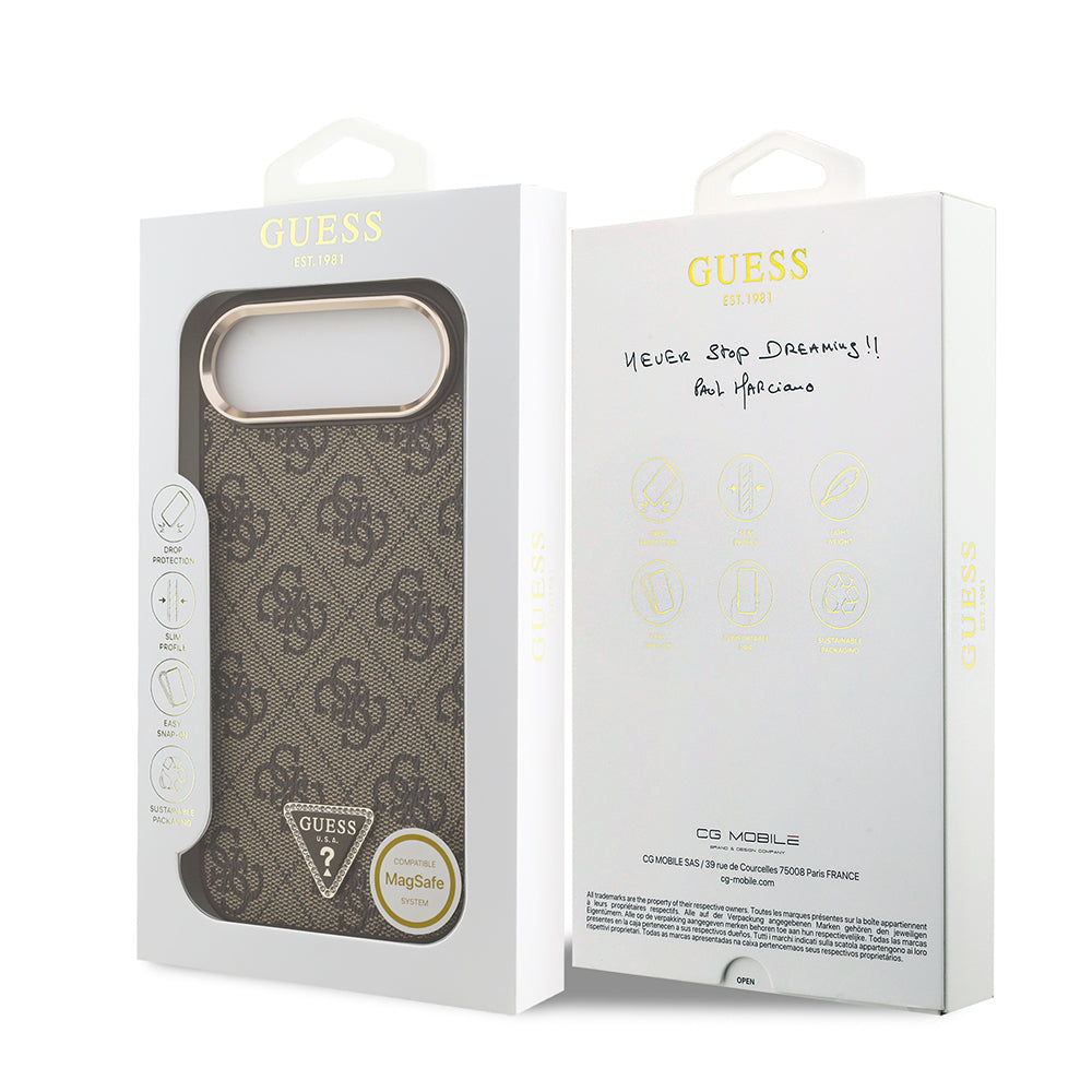 Guess iPhone 17 Air Orjinal Lisanslı M-safe Gold Metal Kamera Çerçeveli Taşlı Üçgen Logo 4G Desenli Kılıf