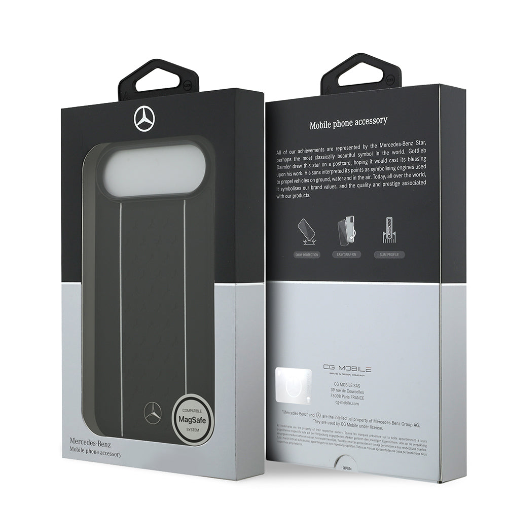 Mercedes Benz iPhone 17 Air Orjinal Lisanslı M-safe Şarj Özellikli Şeritli Yıldız Desenli Metal Logolu Deri Kılıf