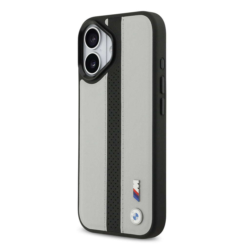 BMW iPhone 17 Orjinal Lisanslı M-safe Şarj Özellikli Deri Arka Yüzey Metal Logolu Delikli Şerit Tasarımlı Kılıf