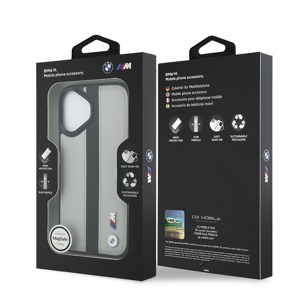 BMW iPhone 17 Orjinal Lisanslı M-safe Şarj Özellikli Deri Arka Yüzey Metal Logolu Delikli Şerit Tasarımlı Kılıf