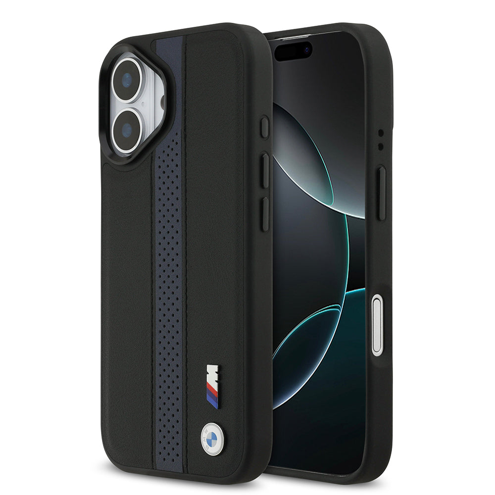 BMW iPhone 17 Orjinal Lisanslı M-safe Şarj Özellikli Deri Arka Yüzey Metal Logolu Delikli Şerit Tasarımlı Kılıf