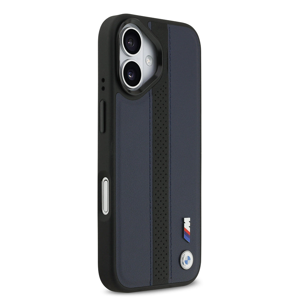 BMW iPhone 17 Orjinal Lisanslı M-safe Şarj Özellikli Deri Arka Yüzey Metal Logolu Delikli Şerit Tasarımlı Kılıf