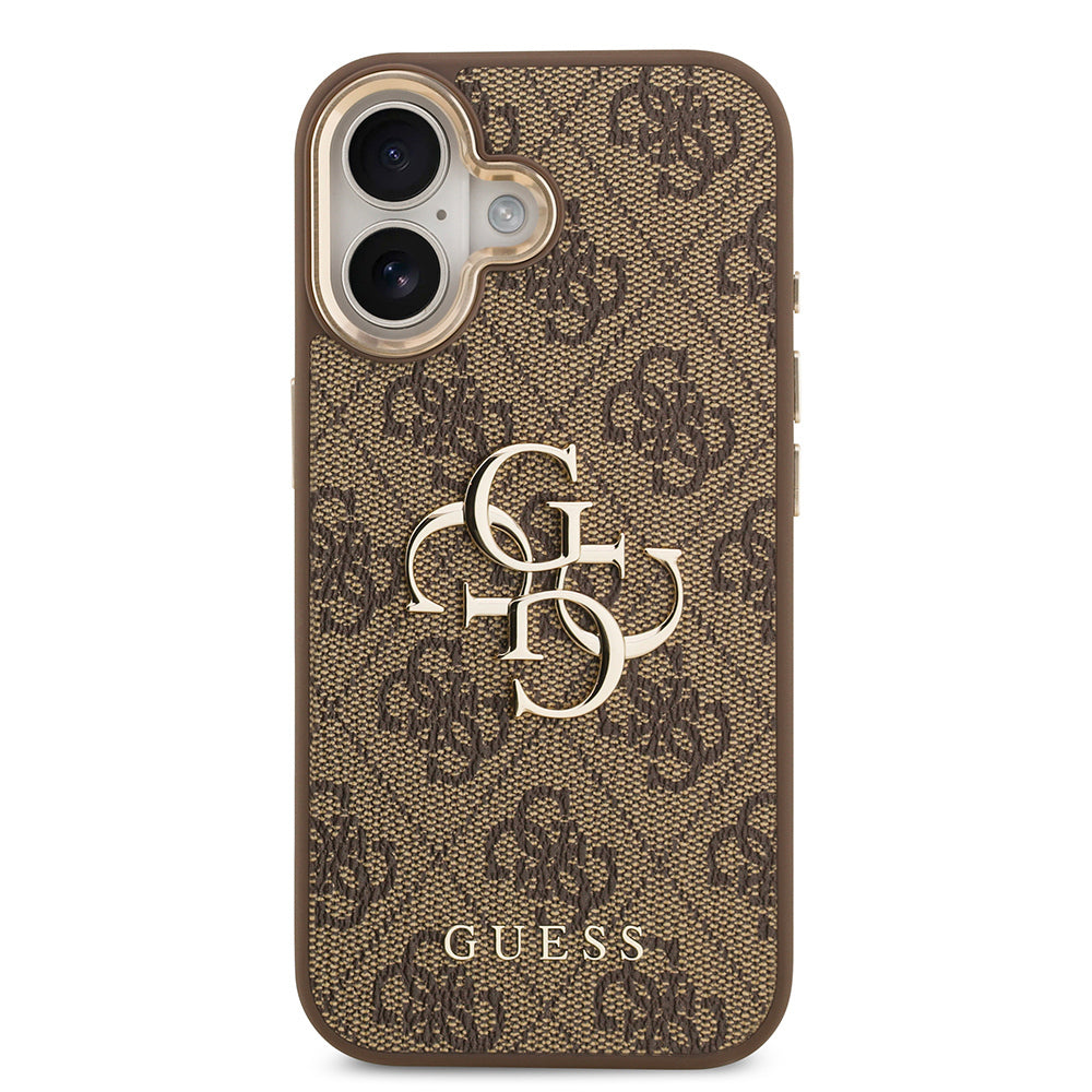 Guess iPhone 17 Orjinal Lisanslı Gold Metal Kamera Çerçeveli 4G Desenli Metal Büyük 4G ve Yazı Logolu Kılıf