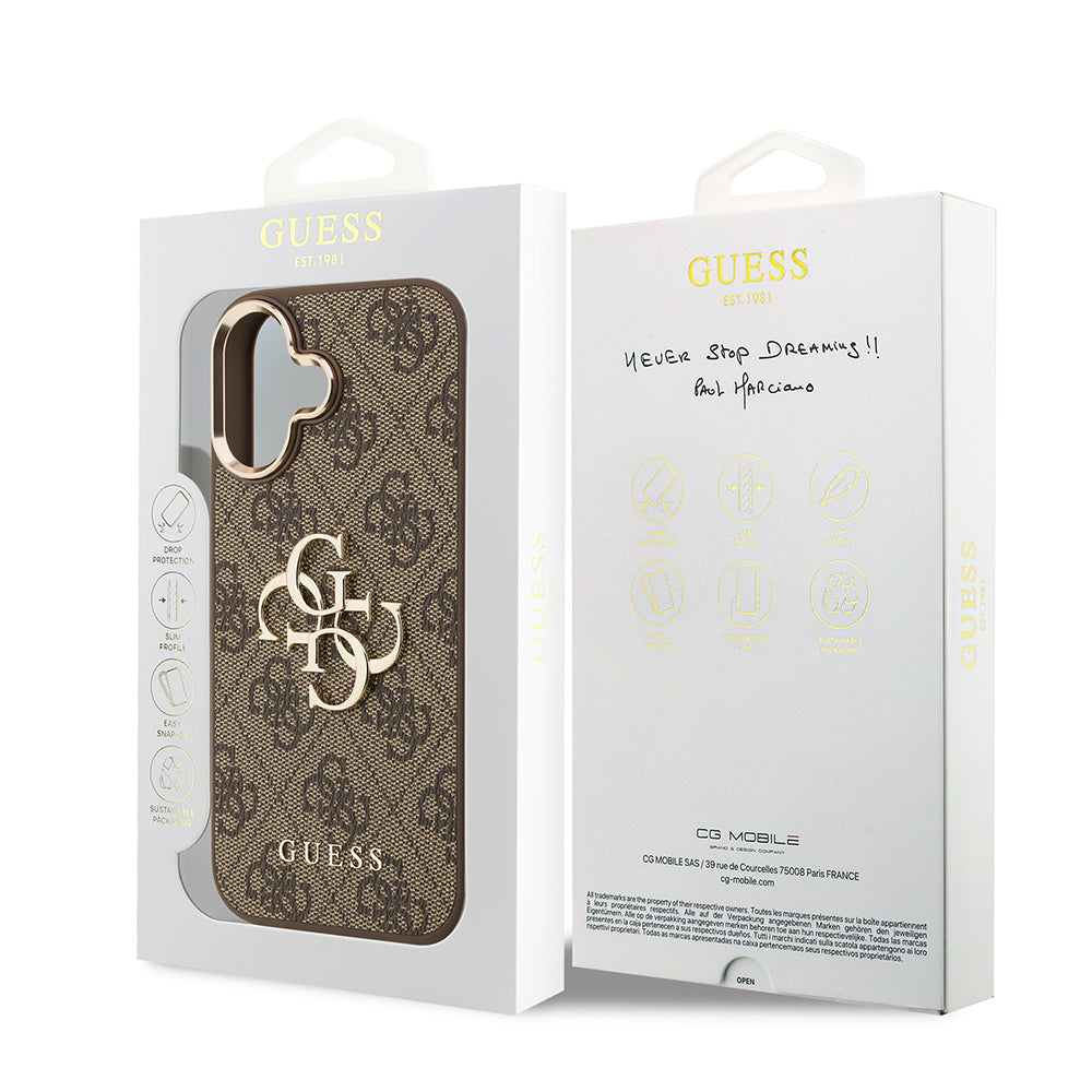 Guess iPhone 17 Orjinal Lisanslı Gold Metal Kamera Çerçeveli 4G Desenli Metal Büyük 4G ve Yazı Logolu Kılıf