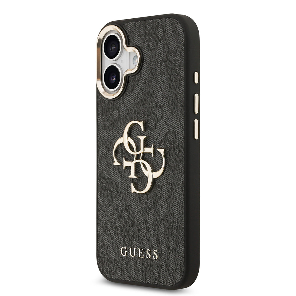 Guess iPhone 17 Orjinal Lisanslı Gold Metal Kamera Çerçeveli 4G Desenli Metal Büyük 4G ve Yazı Logolu Kılıf