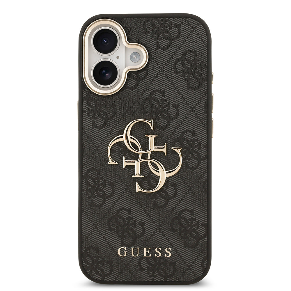 Guess iPhone 17 Orjinal Lisanslı Gold Metal Kamera Çerçeveli 4G Desenli Metal Büyük 4G ve Yazı Logolu Kılıf