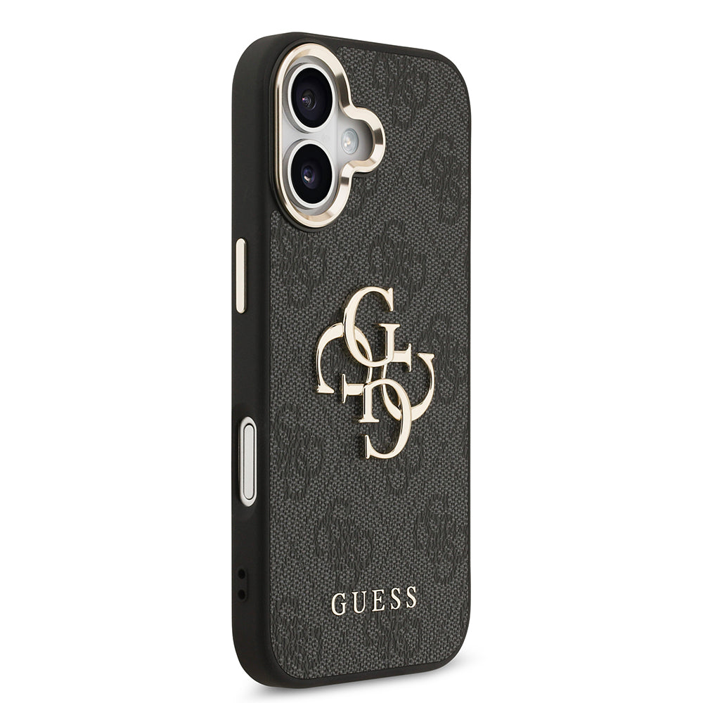 Guess iPhone 17 Orjinal Lisanslı Gold Metal Kamera Çerçeveli 4G Desenli Metal Büyük 4G ve Yazı Logolu Kılıf