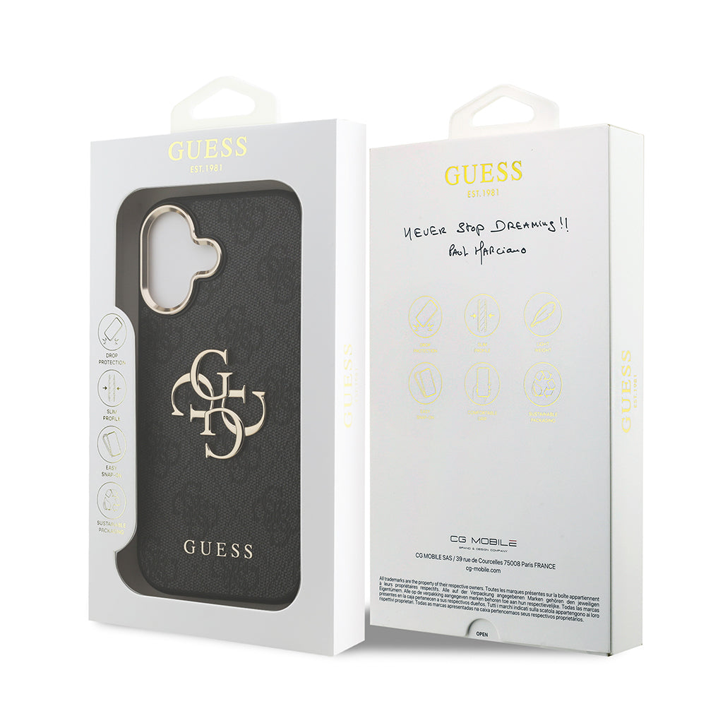 Guess iPhone 17 Orjinal Lisanslı Gold Metal Kamera Çerçeveli 4G Desenli Metal Büyük 4G ve Yazı Logolu Kılıf