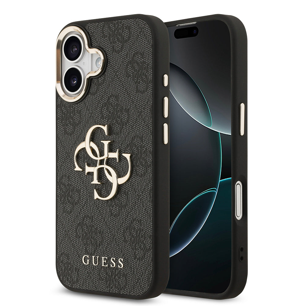 Guess iPhone 17 Orjinal Lisanslı Gold Metal Kamera Çerçeveli 4G Desenli Metal Büyük 4G ve Yazı Logolu Kılıf